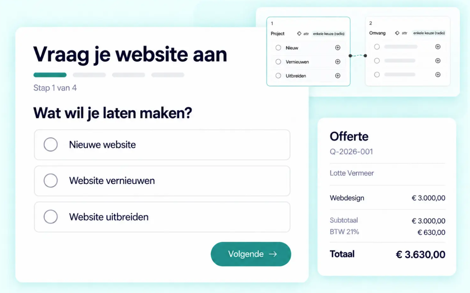 On a Flow: website-aanvraagformulier, visuele workflow en offerteoverzicht